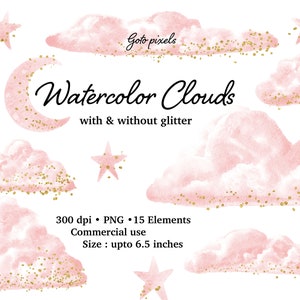 Pink Watercolor Clouds Clipart with Gold Glitter, Glitter Clouds Clip Art, Glitter Confetti, Weather Clipart PNG Files Digital Download