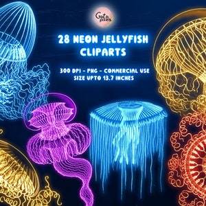 Neon Jellyfish Cliparts, Jelly Fish Clipart, JellyFish Clipart, Under the Sea Creatures, PNG Jellyfish Instant downloads Commercial use