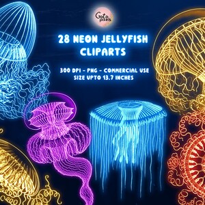 May include: 28 neon jellyfish clipart images in various colors, including blue, purple, yellow, and red. The jellyfish are outlined in black and have a glowing effect. The images are 300 DPI and can be used for commercial purposes. The size of the images is up to 13.7 inches.