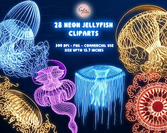 Set di clipart di meduse al neon: grafica PNG delle profondità oceaniche (uso commerciale)
