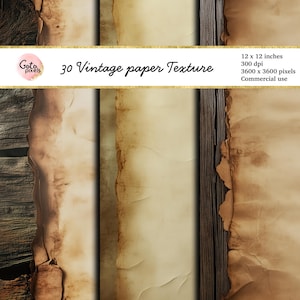 May include: A set of 30 vintage paper textures, each measuring 12 inches by 12 inches, with a resolution of 300 dpi and 3600 pixels by 3600 pixels. The textures feature a variety of aged and worn paper styles, with edges that are torn and frayed. The paper is a light brown colour with darker brown spots and streaks.