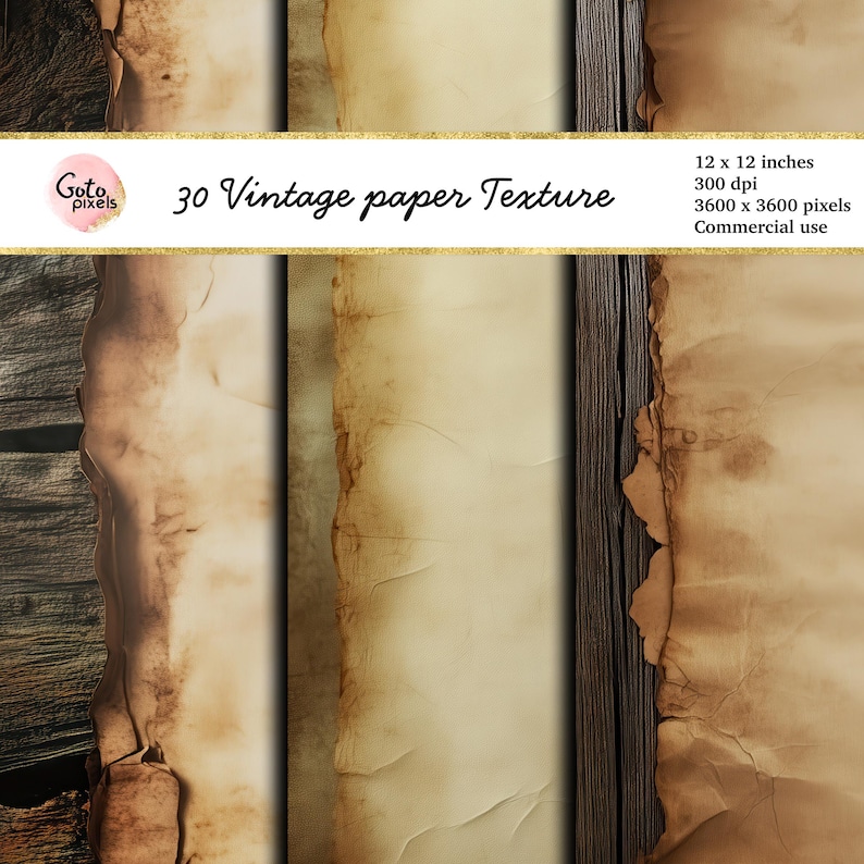 May include: A set of 30 vintage paper textures, each measuring 12 inches by 12 inches, with a resolution of 300 dpi and 3600 pixels by 3600 pixels. The textures feature a variety of aged and worn paper styles, with edges that are torn and frayed. The paper is a light brown colour with darker brown spots and streaks.