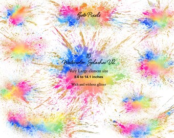 Rainbow Watercolor Glitter Clipart: Splashes & Splotches (Digital PNG)