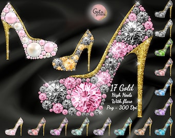 Diamond High Heel Clipart: Gold Fashion Shoes (Digital File)