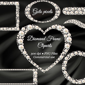 Witte Pearl Frame Clipart, Pearl Borders Overlay, Glitter Edelstenen Illustraties, Pearl Heart vorm, Vierkante Frames, Commercieel Gebruik