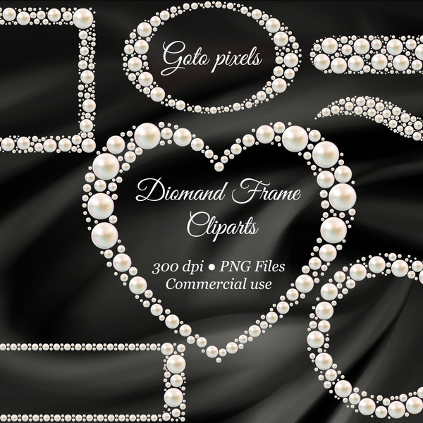 White Pearl Frame Clipart, Pearl Borders Overlay, Glitter Gems Clip Art, Pearl Heart shape, Square Frames,Commercial Use