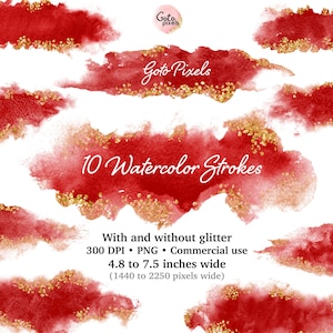 Red Watercolor Brush Strokes Clipart: Glitter Splash Graphics (Digital Download)