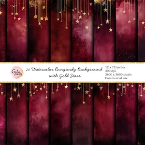 Sfondo acquerello bordeaux con stelle dorate Carta digitale, invito natalizio bordeaux, stelle dorate, download immediato per uso commerciale