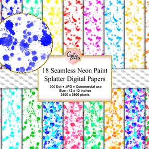 Neon paint splatter on white digital papers,Seamless printable scrapbook paper with watercolor drips and paintball spatters Commercial use