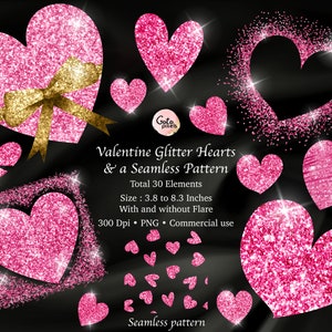 Imágenes prediseñadas de corazón pink Sparkling Glitter, clipart de San Valentín, clipart de amor, elementos de diseño, corazones de purpurina rosa, superposiciones de corazón Uso comercial