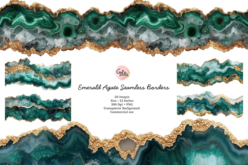 Emerald and Gold Agate Seamless Borders: Geode Clip Art (digital ...