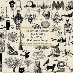 Vintage Halloween Clipart, antique Halloween clip art graphics, skulls, bats, owls, spiders, witches, vintage ephemera instant download