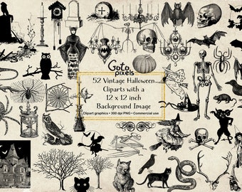 Vintage Halloween Clipart: Macabre Graphics, Skulls, Bats (Digital Download)
