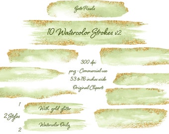 Green Watercolor Brush Strokes Clipart: Gold Glitter Splash (Digital Download)
