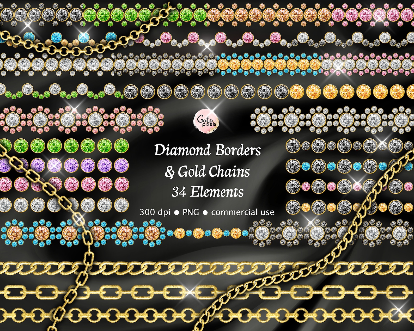 Diamond Borders & Gold Chains Clipart: Sparkle PNG (digital Download ...