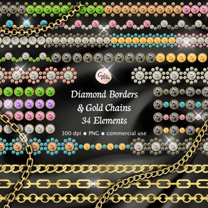 Diamond Borders Clipart - Rhinestone strands wedding clipart, Gold chain clip art, diamond bling sparkle png instant download commercial use