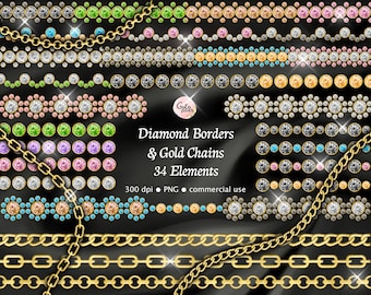 Diamond Borders & Gold Chains Clipart: Sparkle PNG (Digital Download)