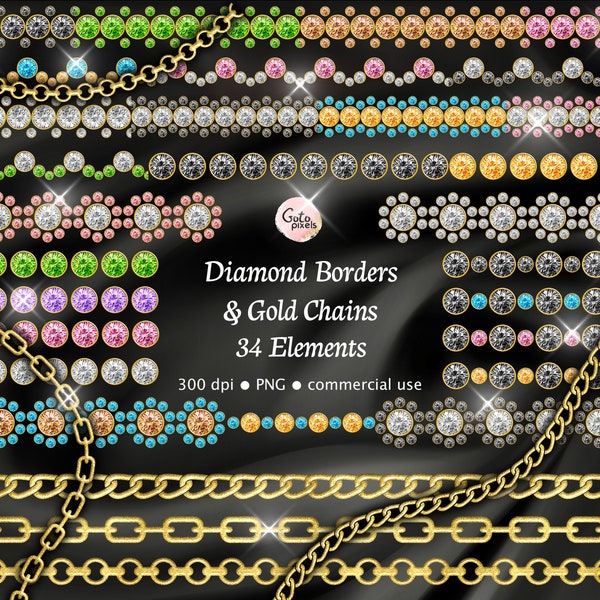 Diamond Borders Clipart - Rhinestone strands wedding clipart, Gold chain clip art, diamond bling sparkle png instant download commercial use