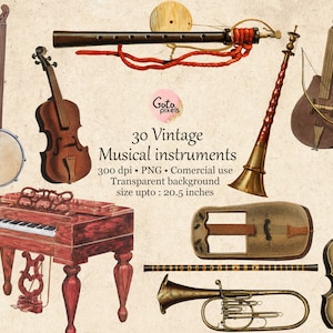 30 Vintage Muziekinstrumenten Cliparts, Muziek clipart PNG Piano clipart Gramophone clipart Viool clipart Instrumenten graphics Band Clipart