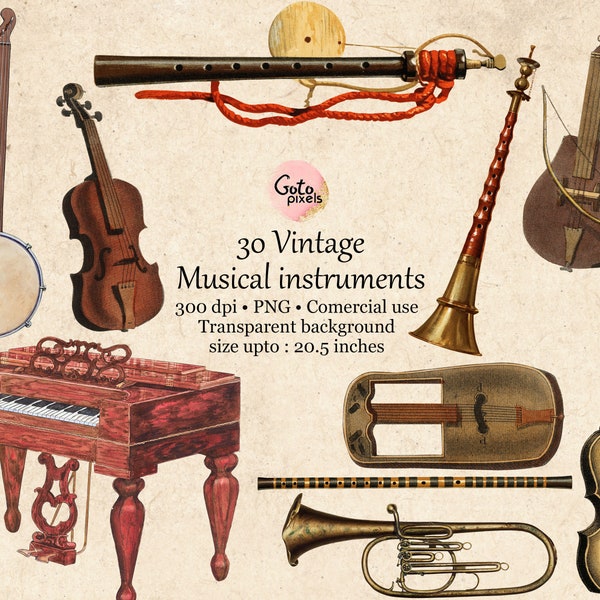 30 Vintage Musical Instruments Cliparts, Music clipart PNG Piano clipart Gramophone clipart Violin clipart Instruments graphics Band Clipart