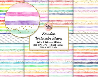 Rainbow Watercolor Stripes Seamless Pattern: Glitter Backgrounds (Digital Download)