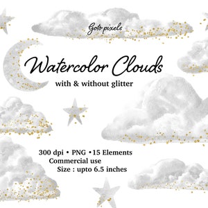 Graue Aquarell Wolken Clipart mit Gold Glitzer, Glitzer Wolken Clip Art, Glitzer Konfetti, Wetter Clipart PNG Dateien Digital Download