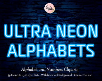 May include: Image of blue neon alphabet letters spelling "ULTRA NEON ALPHABETS" on a dark blue brick wall background. The image also includes the text "Alphabet and Numbers Cliparts" and other details about the product.
