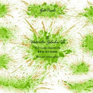 Lime Green Watercolor Splash Clipart: Gold Glitter PNG (Digital Download)