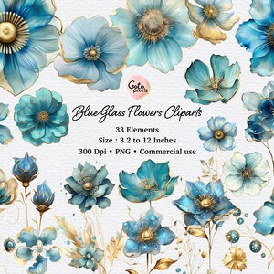 Blue flower Clip Art, Digital instant download, glass and gold flower png embellishments, Aqua blue flower, Commercial use