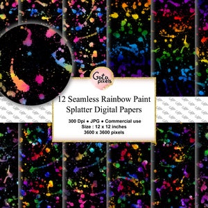 Splatter di vernice arcobaleno su carte digitali nere, carta da scrapbook stampabile senza soluzione di continuità con schizzi di paintball a goccia ad acquerello Uso commerciale