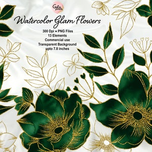 Emerald Aquarel en Gold Glam Flower Clip Art, Digitale instant download glitter bloem png versieringen, Goud glitter bloem PNG Bestanden