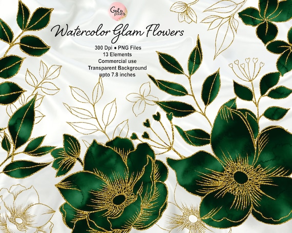 Emerald Watercolor and Gold Glam Flower Clip Art Digital - Etsy