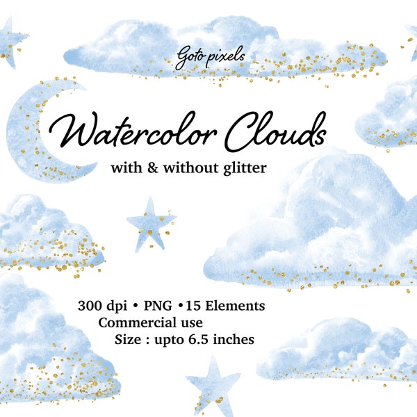 Blue Watercolor Clouds Clipart with Gold Glitter, Glitter Clouds Clip Art, Glitter Confetti, Weather Clipart PNG Files Digital Download