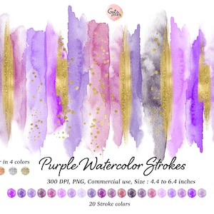 Purple Gold Watercolor Brush Strokes Clipart (PNG Digital Download)