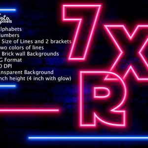 May include: A neon sign design with the letters 7XR in bright pink against a dark blue brick wall background. The design includes the text "Goto pixels" and lists features such as alphabets, numbers, and a 3-inch height (4-inch with glow).