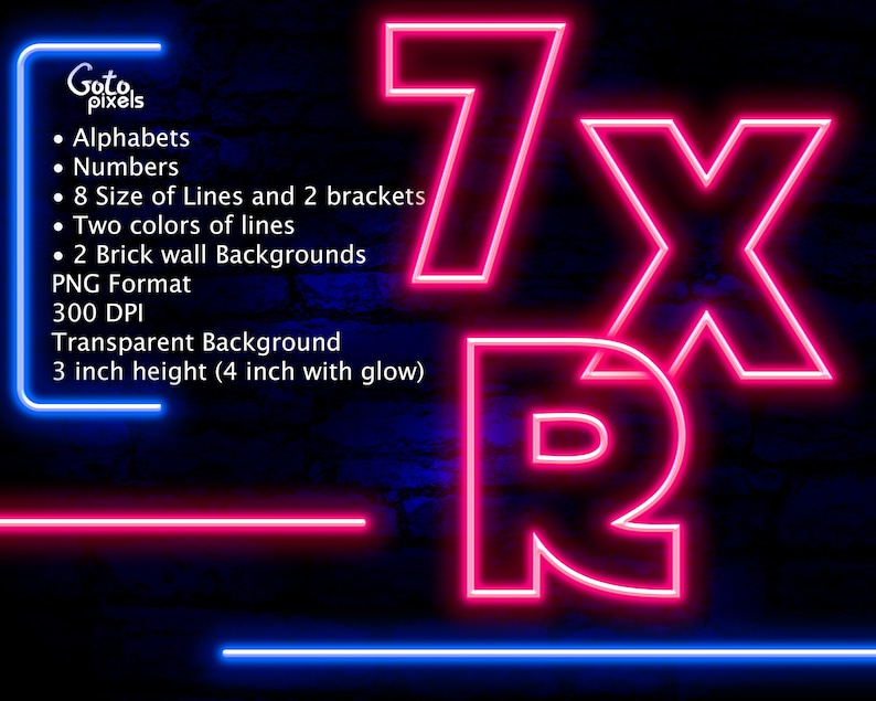 May include: A neon sign design with the letters 7XR in bright pink against a dark blue brick wall background. The design includes the text "Goto pixels" and lists features such as alphabets, numbers, and a 3-inch height (4-inch with glow).