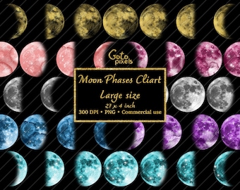 May include: A set of 27 watercolor moon phases clipart images in various colors, including pink, blue, purple, and gold. The images are 27 inches by 4 inches and 300 DPI. The text "Moon Phases Cliart Large size 27 x 4 inch 300 DPI PNG Commercial use" is displayed on a black background.