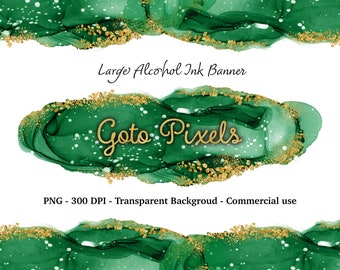Emerald Alcohol Ink Stroke Clipart: Green Gold Watercolor Logo (Digital Download)