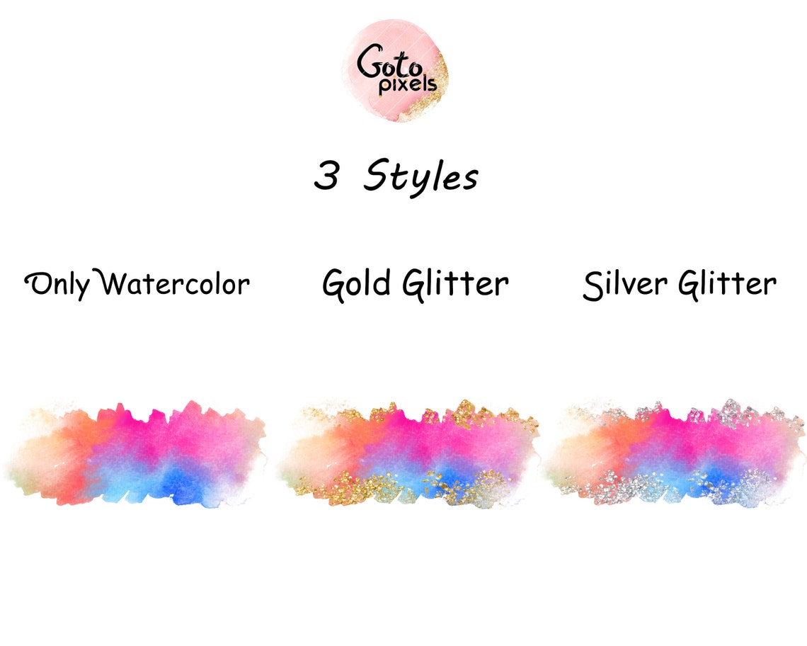 Rainbow Watercolor Brush Strokes Clipart: Gold Glitter Splash (digital ...