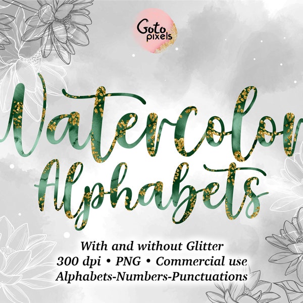 Emerald watercolor alphabet clipart, Gold glitter Watercolor letters clipart, Watercolor font clipart, Blue alphabet, Decorative letters 64