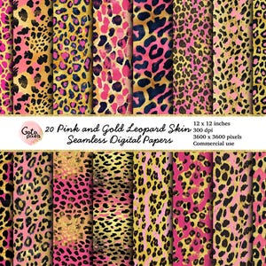 Könnte beinhalten: 20 digitale Papiere mit einem nahtlosen Leopardenfellmuster in Pink und Gold. Jedes Papier ist 30,48 cm x 30,48 cm groß und hat 300 dpi.
