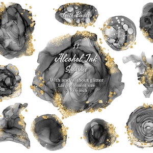 Black & Gold Watercolor Splash Clipart: Alcohol Ink Logo Background (Digital Download)