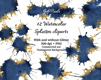 Navy Blue Watercolor Splatter Clipart: Glitter Splash Backgrounds (Digital Download)