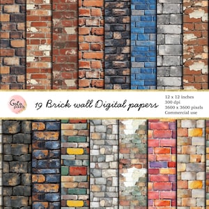 May include: A collection of 19 digital papers featuring various brick wall textures. The papers showcase a variety of colors, including red, brown, blue, and gray. Each paper is 12 x 12 inches and 300 dpi, suitable for commercial use.