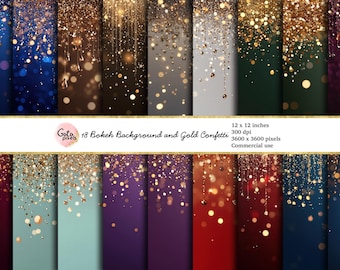 Gold Glitter Bokeh Background: 18 Digital Papers (Commercial Use)