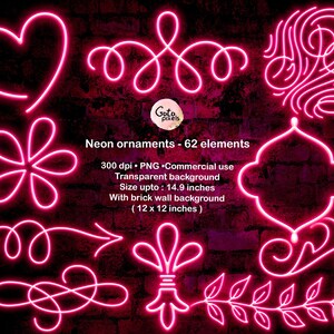 May include: A set of 62 neon pink ornaments in various shapes and sizes, including hearts, swirls, flowers, and leaves. The ornaments are designed for commercial use and are 300 dpi PNG files. They can be used on a transparent background or a brick wall background. The size of the ornaments is up to 14.9 inches.