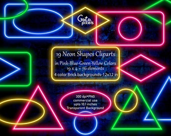 Neon Shapes Clipart: Pink, Blue, Green, Yellow (PNG Digital Download)
