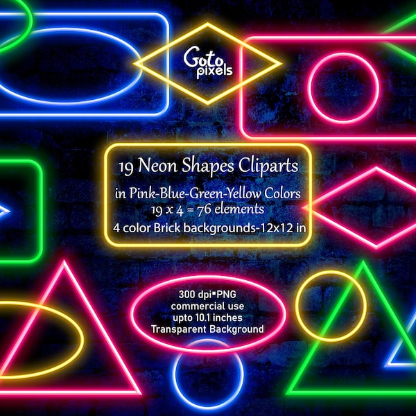 Pink-Blue-Green-Yellow Neon Circle, Rectangle, Ellipse, Triangle Elements Digital download PNG cliparts, Commercial use Neon Overlays