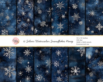 Silver Snowflakes Digital Paper: Navy Watercolor Textures (Digital Download)