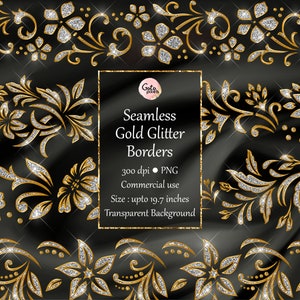 Gold Glitter Floral Borders Clipart: Seamless PNG Overlays (Digital Download)